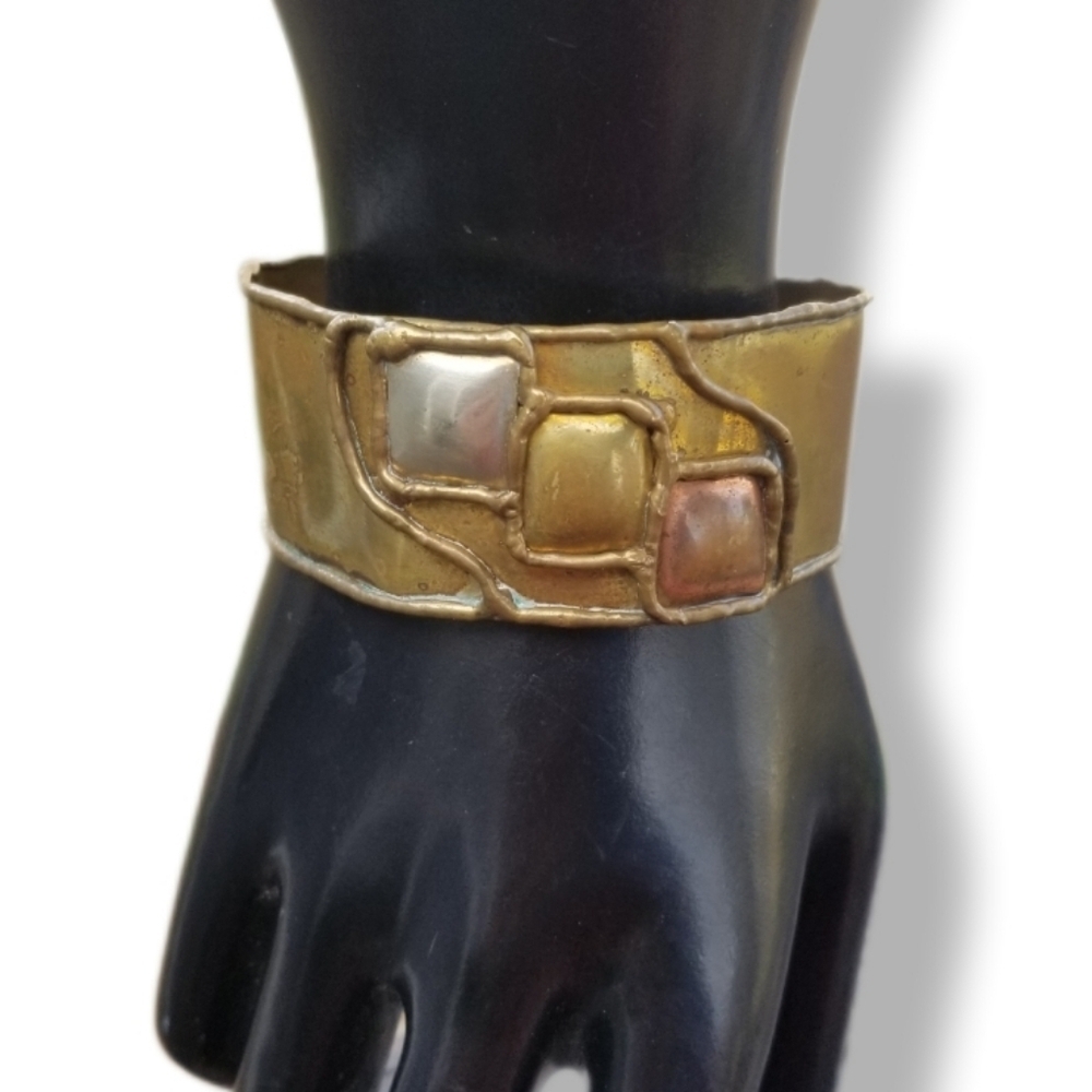 VINTAGE TRI COLOR BRASS, COPPER & STERLING SILVER BRUTALIST CUFF BRACELET